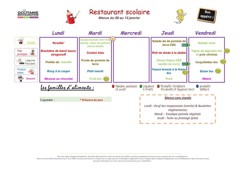 menu du 9 au 13 janvier