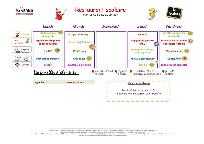 menu du 16 au 20 janvier