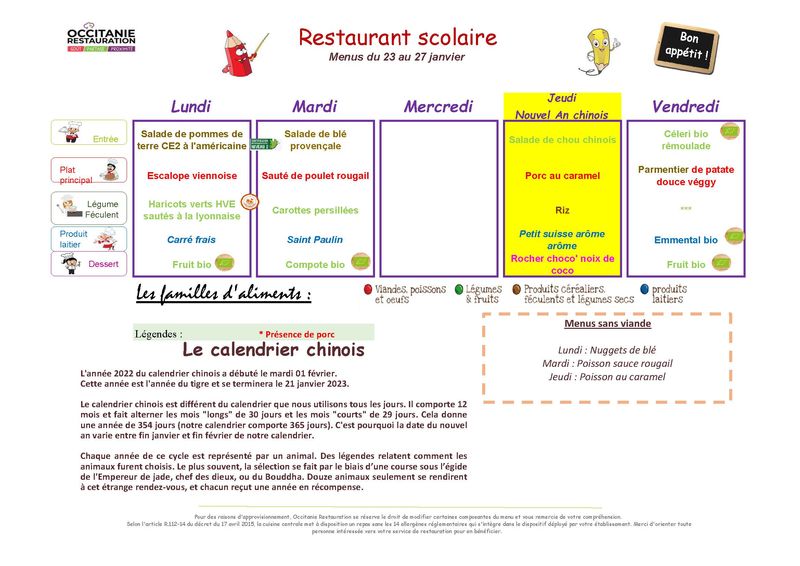 menu du 23 au 27 janvier
