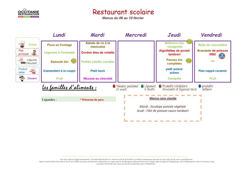 menu du 6 au 10 février