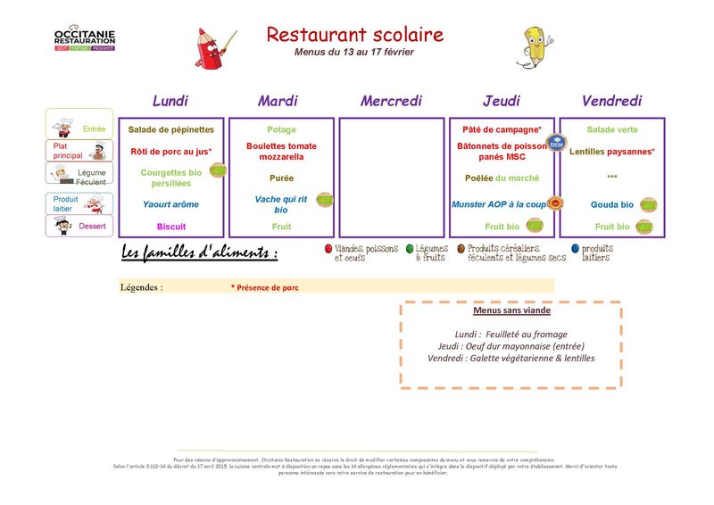 menu du 13 au 17 février